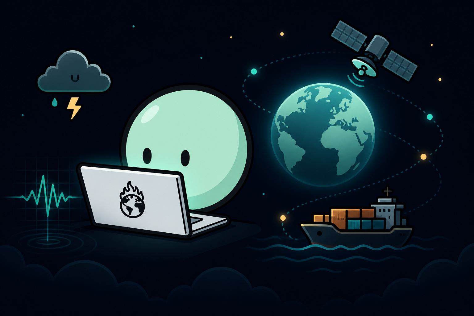 Oopsy calmly tracking weather, satellites, seismic activity and shipping from a laptop